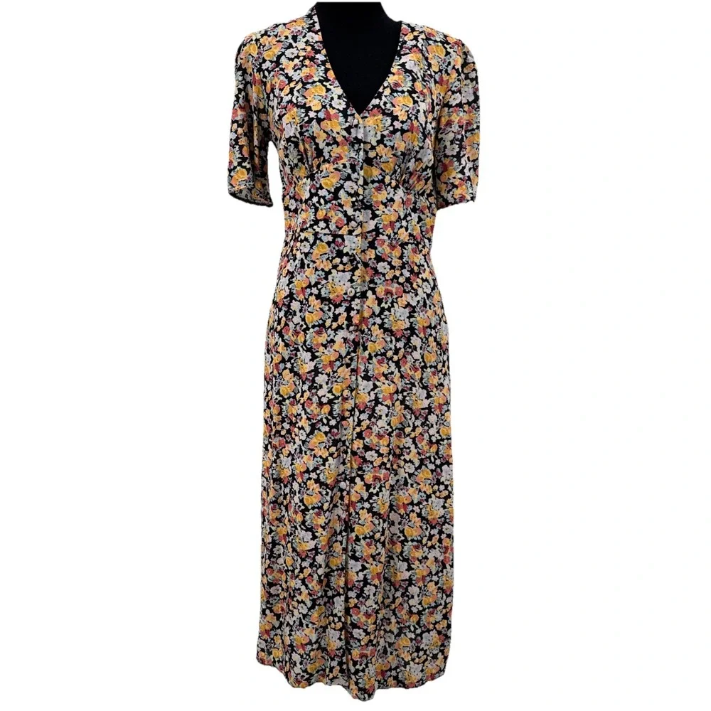Nobody's Child Womens Printed Floral Print Midi Dress Short Sleeve Size 4 Black - Picture 1 of 13